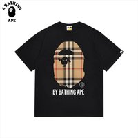 BATHING APE BAPE&BB Checkered Striped Monkey Head Letter Print High Quality Pure Cotton Short Sleeved