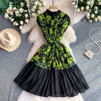 Women's Floral Print Dress French Style Light Luxury Stand Up Collar Cap Sleeve Slimming Waist Cinching Exquisite Shimmering Tulle Tulip Skirt