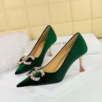 1818-K77 Banquet Heels Women's High Heel Shallow Pointed Toe Velvet Rhinestone Buckle Bowknot Single Shoes For Women