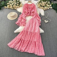 French Sweet Fresh Floral Print Ruffled V Neck Blouse & High Waisted Slimming Maxi Skirt Two Piece Set Spring Autumn Summer