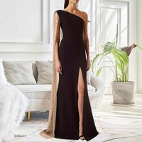 One Shoulder Evening Gown Detachable Cape High Slit Sequin &Gold Embellished Formal Dress Hosts & Performers 