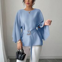 Elegant Bell Sleeve Blouse Solid Office Wear Top Waist Tie Evening Fashion Fall