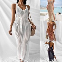 Women's Clothing Elegant Lace Backless Beach Cover-Up Sexy Vacation Long Dress Sun Protection Swimwear Cover Bikini Wrap Lightweight Knit Shawl