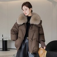 Short Puffer Jacket Big Fur Collar Winter Warm Coat Thickened Quilted Outerwear Casual Elegant Style 