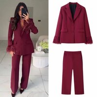 Women's Retro Legant And Graceful Straight Leg Pants Half-Dress Suit With High Neck Knitted Suede Outer Set Two-Piece Stylish
