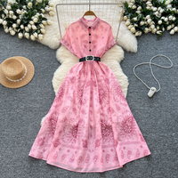 Women's Clothing Waist Slimming Temperamen Short Sleeved Printed Large Swing Slim Long Skirt