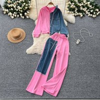 Casual Suit Fashionable Design Splicing Two piece Hooded Sweatshirt High Waist Denim Splicing Wide leg Pants