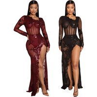 Clothing transparent polyester mesh sequins slim fit hip wrapped high slit dress Fashion evening dress