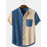 Men's casual splicing summer short-sleeved shirt men's fashion corduroy collared short-sleeved shirt