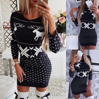 autumn Christmas printed tight fitting hip dress long sleeve slim T shirt skirt