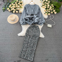 Women's Fashion Set Female Socialite Temperament Lantern Long Sleeve V-Neck Lotus Leaf Bright Face Shirt Women's High Waist Sequin Skirt
