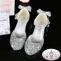 Girls High Heels Little Princess Performance Leather Shoes Silver Children’s Matching Dress Middle And Large Children Catwalk Stage Crystal Shoes