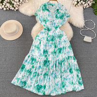 Clothing Gentle Style Floral Long Skirt Retro Temperament Short Sleeve Lapel Waist Slim Line Floral Dress Summer