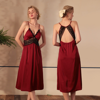 Sleepwears Sexy ice silk satin suspenders sexy lingerie nightdress long lace stitching flirting temptation home clothes