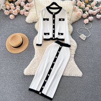 Women's Clothing round neck metal button sweater women new sweater tight hip skirt autumn and winter two piece suit