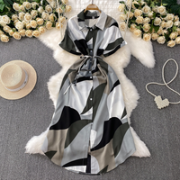 Women’s Clothing Style Printed Lapel Shirt Dress For Women Summer Vacation Single Breasted Waist Slimming Irregular Long Skirt