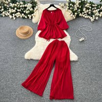 Clothing Pleated V Neck Lace Up Waist Lantern Sleeve Top High Waisted Pleated Nine Point Wide Leg Pants