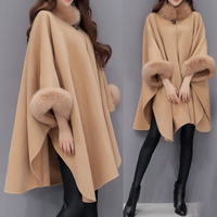 Women when fox fur collar medium long wool coat temperament cape cape cape coat