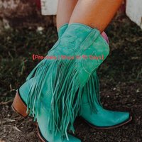 【Pre sale Ships 15 Days】Vintage Handmade Shoes Chunky Heels Mid calf Boots Pointy Tassel Boots