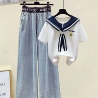 Clothing Niche Shawl Contrast Short Sleeved T Shirt Female Retro Elastic Waist Jeans