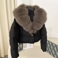 Stylish Short Puffer Jacket With Oversized Fox Fur Collar, 95% White Duck Down, Winter Coat For Women