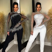 solid mesh rhinestone long sleeved trousers jumpsuit Year evening dress