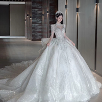 Clothing wedding dress long train retro palace style starry sky princess dress mid sleeves simple slim Wedding dresses