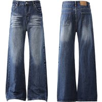 Clothing High Street Baggy Flower Embroidery Cat Whisker Straight Drape Jeans Loose Wide Leg