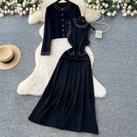Elegant Knit Dress & Cardigan Set – Pearl Embellished Sleeveless Shift Dress Long Sleeve Cover Up 
