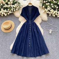 Clothing Summer Deep V neck Tight Waist breasted Slim fit Pleated Casual Denim Skirt