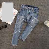 Women's Clothing beaded denim pants for women spring and summer new all-match buttons elastic slim wide-leg nine-point pants