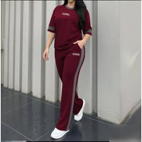 Spring Summer Fall Two Piece Set Crew Neck Short Sleeve T Shirt & Casual Elastic Waist Loose Fitting Trousers