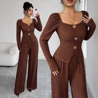 Women's Knitted Texture Set – Chic Square Neck Top & Slim Fit Pants With Metallic Rose Buttons