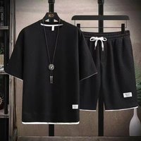 Clothing Sportswear Suit Waffle Suit Summer Short Sleeved T Shirt + Shorts 2 Piece Sports Suit