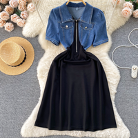 Clothing Short Sleeved Denim Design Contrast Stitching Zipper Slimming Korean Version Age Reducing Dress