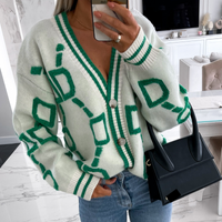 V Neck Button Up Knit Cardigan Sweater Oversized Long Sleeve Open Front Coat Fall Winter Letter Print Casual & Elegant