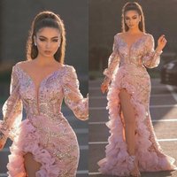 Sexy mesh train sequin split pink evening gown