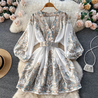 Women’s Clothing Print Single Breasted V Neck Lantern Sleeve Waisted Medium Length Dress For Small People