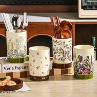 French Floral Ceramic Utensil Holder - Kitchen Chopsticks Organizer With Drainage, Anti-Mold Utensil Storage Box