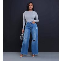 Women’s High-Waisted Ripped Wide-Leg Jeans – Straight Cut Distressed Denim Pants (Dark Blue/Light Blue, Sizes S-XXL, Comfort Stretch)