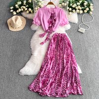 Clothing Retro Temperament Three Dimensional Flower Round Neck Puff Sleeve Top High Waist Slim Leopard Print Skirt Two Piece Set