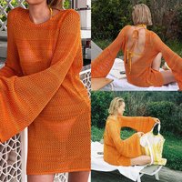  Sexy Hollow Knitted Backless Beach Cover Up Lightweight Sunscreen Pullover Bikini Swimsuit Outerwear Summer Vacation
