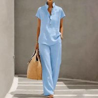 Casual Short Sleeve Cardigan Trousers Set Solid Lazy Style Clothing