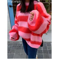 Puff Sleeve Knitted Sweater Korean Striped Vintage Pullover Tops Clothing Round Neck Autumn Winter
