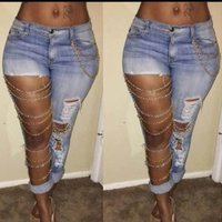 Women's exaggerated large hole jeans women's chain hanging elastic cotton pants