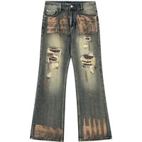 Post Industrial Heavy Duty Washed Distressed Denim Flared Pants Vibe Hippie Trend Ink Splattered Niche Trousers