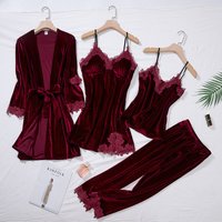 TOP Casual Velour Home Clothing 4pcs Sleep Set Intimate Lingerie Pajamas Suit Long Sleeve Lace Velvet Homewear Pyjamas Set