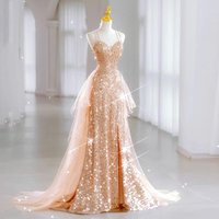 Women's Clothing Champagne Color Evening Dress High End Light Luxury Niche Temperament Sling Host Banquet Dress Skirt Female Sequin High End Feeling