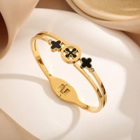 Black Shell Diamond Four Leaf Clover Bracelet – Titanium Steel (Korean Fashion Jewelry, Lucky Charm Gift For Women)