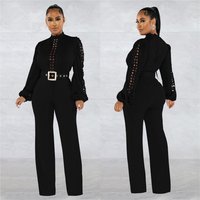 Women's Belt Lace Openwork Solid Color Long Sleeve Pants Jumpsuit